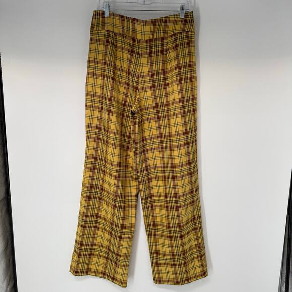 Anthropologie Plaid Wide-Leg Trouser Pants Womens Sz Large Marygold Gold Tartan - Picture 3 of 11